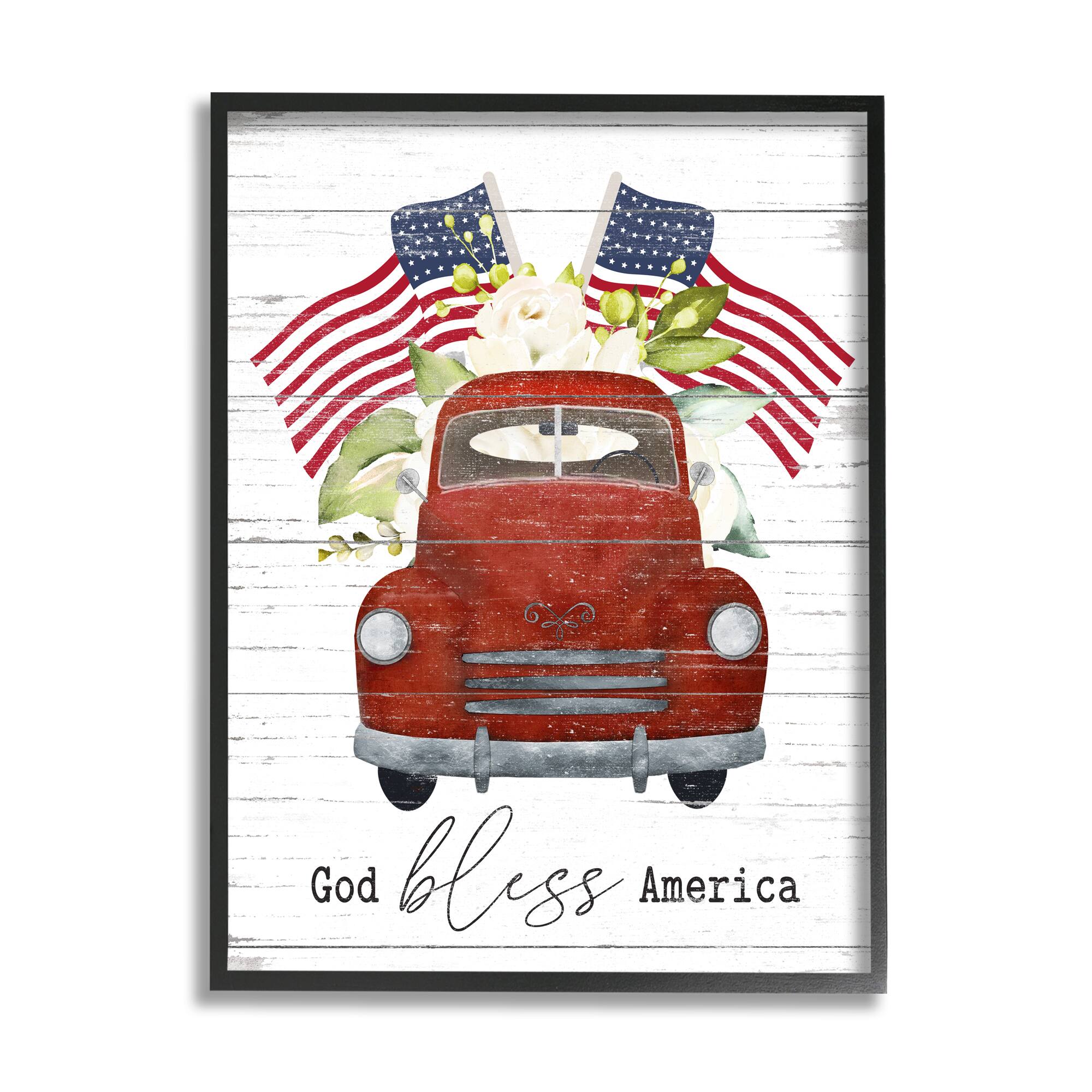 Stupell Industries God Bless America Red Truck Wall Art in Black Frame